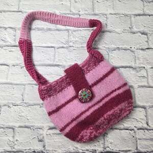 Handmade Pink Felted Wool Stripe Shoulder Bag Wood Artisanal Button Accent